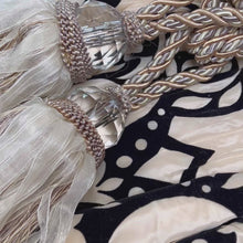 Load and play video in Gallery viewer, Beautiful Faux Silk Curtains with Black Velvet 87”d x 36” each Panel